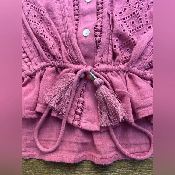 LUCKY BRAND Raspberry Pink Puff Sleeve Blouse with Tassel Tie in the Front Boho - Picture 4 of 12
